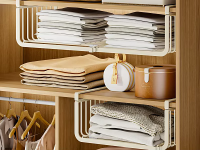 Organized Closet With Folded Clothes Hanging Garments Wooden Shelves And Storage Tins 3d model