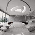Sleek Futuristic Office Reception Lobby With Unique Curved Ceiling And Spacious Bright Comfortable Waiting Area