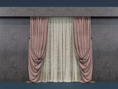 Elegant Pink Curtains With White Sheer Layer And Gray Wall Backdrop 3d model