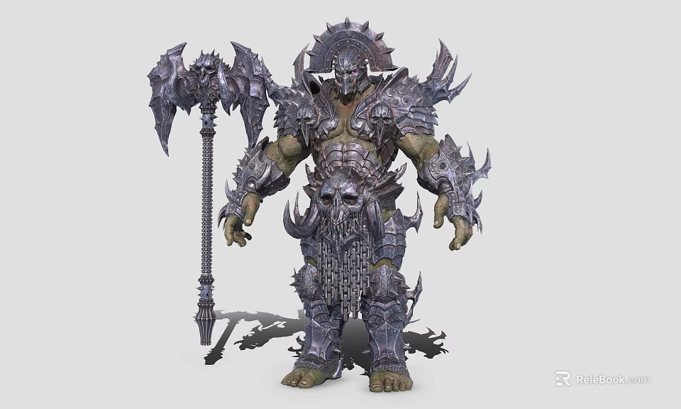 Dark Game Warrior Character With Heavy Spiked Armor Large Axe And Skull Decorations 3d model 