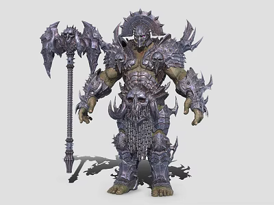 Dark Game Warrior Character With Heavy Spiked Armor Large Axe And Skull Decorations 3d model