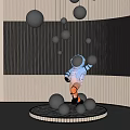 Modern Interior Sculpture Featuring Cartoon Character Blue Top Orange Pants And Silver Spheres