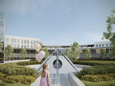 Modern Office Building Exterior With Unique Entrance Design And Lush Green Landscape 3d model
