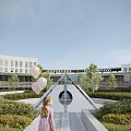 Modern Office Building Exterior With Unique Entrance Design And Lush Green Landscape