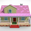 Cartoon House Scene Featuring Yellow Exterior Pink Roof Red Stairs White Porch Railings And Windows