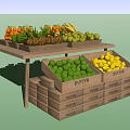 Display Shelves with Fresh Fruits Pineapples Bananas Apples Limes Lemons in Wooden Crates