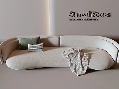 Beige Curved Two-Seater Sofa With Green Striped Cushions And Folded Blanket 3d model