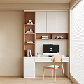 Modern Minimalist Home Office Desk With Computer Monitor Storage Shelves And Wooden Chair