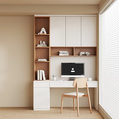 Modern Minimalist Home Office Desk With Computer Monitor Storage Shelves And Wooden Chair 3d model