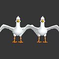 White Seagulls With Orange Feet Spread Wings Cartoon 3D Models On Dark Background With Reflections