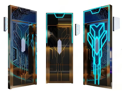 Modern Hinged Doors with Metal Frame Glass Panels and Blue Neon Light Accents 3d model
