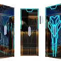 Modern Hinged Doors with Metal Frame Glass Panels and Blue Neon Light Accents