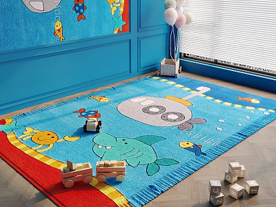 Square Cartoon Rug With Marine Animals And Toys In Kids Playroom 3d model