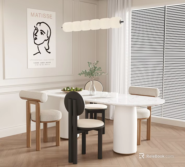 Modern Round Dining Table Set With Wooden Chairs Pendant Light Green Plant And Wall Art 3d model 