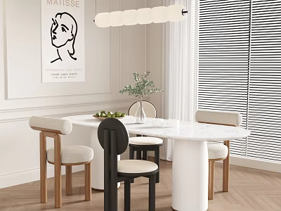 Modern Round Dining Table Set With Wooden Chairs Pendant Light Green Plant And Wall Art 3d model