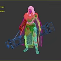 Fantasy Female Warrior In Feathered Cloak With Large Wooden Structure And Glowing Swords