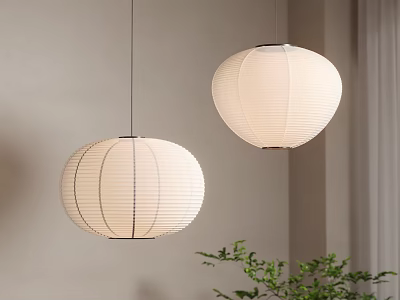 Round Striped Paper Pendant Lights Hanging in Room with Light Wall and Green Plant 3d model