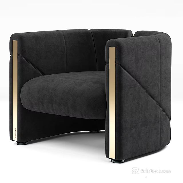 Elegant Modern Single Sofa With Dark Velvet Fabric And Gold Metal Arms 3d model 