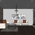 Modern Living Room Interior With White Sofa Brown Cushions Black Coffee Table And Decorative Paintings