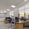 Administrative Service Hall Interior With Blue Walls Desks Chairs File Cabinets And Computers