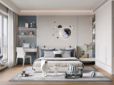 Children's Bedroom Interior With Moon Wall Decor Bed Desk Chair Toys And Carpet 3d model