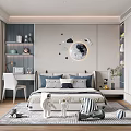 Children's Bedroom Interior With Moon Wall Decor Bed Desk Chair Toys And Carpet