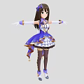 Woman With Long Brown Hair And Purple Flower Accessory Wearing Blue White Dress Long Gloves