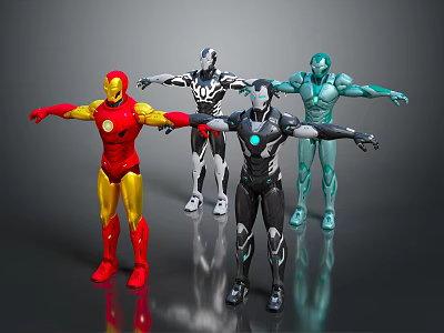 Multiple Superhero Action Figures With Various Colors And Outstretched Arms Pose 3d model
