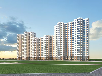 Modern High Rise Residential Buildings Exterior With White Beige Facade Green Lawn And Blue Sky 3d model