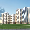 Modern High Rise Residential Buildings Exterior With White Beige Facade Green Lawn And Blue Sky