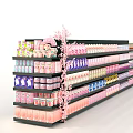 Retail Product Display On Multi Layered Shelf With Pink Cherry Blossom Decorations Pastel Colored Packages