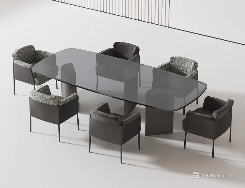Modern Dining Table and Chairs Set With Glass Top And Gray Upholstered Metal Leg Chairs 3d model 