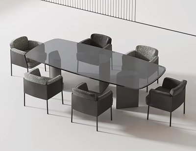 Modern Dining Table and Chairs Set With Glass Top And Gray Upholstered Metal Leg Chairs 3d model