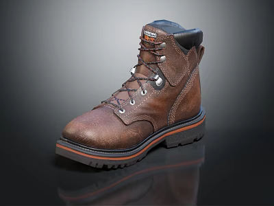 Brown Work Boots With Black Toe Gray Laces And Orange Sole Accent 3d model