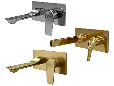Modern Wall Mounted Faucets in Chrome and Gold with Sleek Handles and Various Designs 3d model