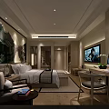 Modern Hotel Room Interior With Comfortable Bed Window View And Wall Art