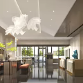 Modern Restaurant Interior With Reception Desk Chandelier Plants And Seating Area