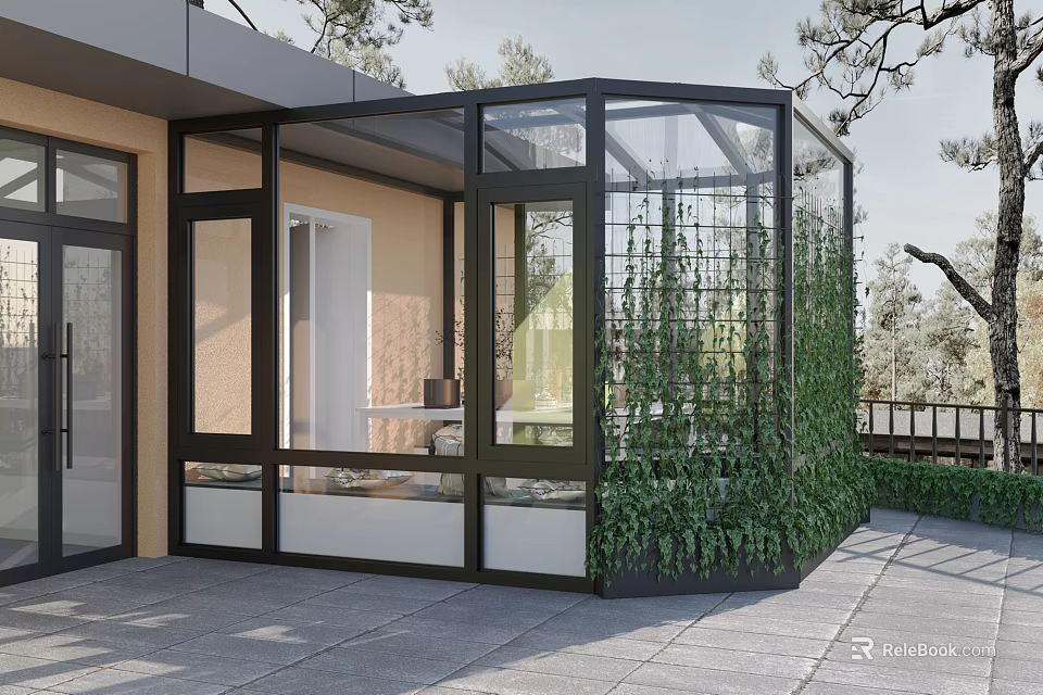 Modern Villa Balcony Design With Glass Enclosure And Climbing Plants Outdoor Area 3d model 