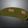 People Sitting On Green Curved Sofa With Orange Cushions Wooden Legs Against Gray Background