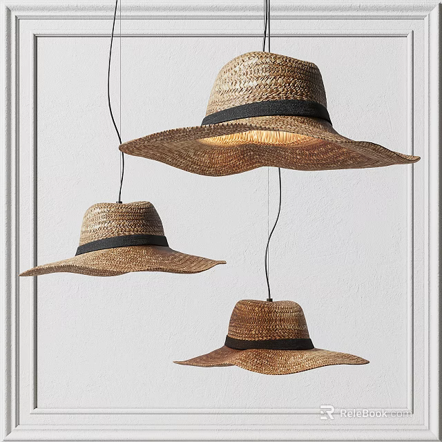Three Straw Hat Shaped Chandeliers Hanging In Modern Interior Space 3d model