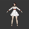 3D Game Movie Female Character with White Dress Red Belt Brown Hair and Blue Accessory