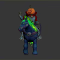 Game Character Pumpkin Head Knight Riding Blue Horse With Green Glowing Mane And Red Cape
