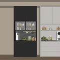 Modern Kitchen Interior With Black White Cabinets Glass Doors Coffee Machine And Green Plants