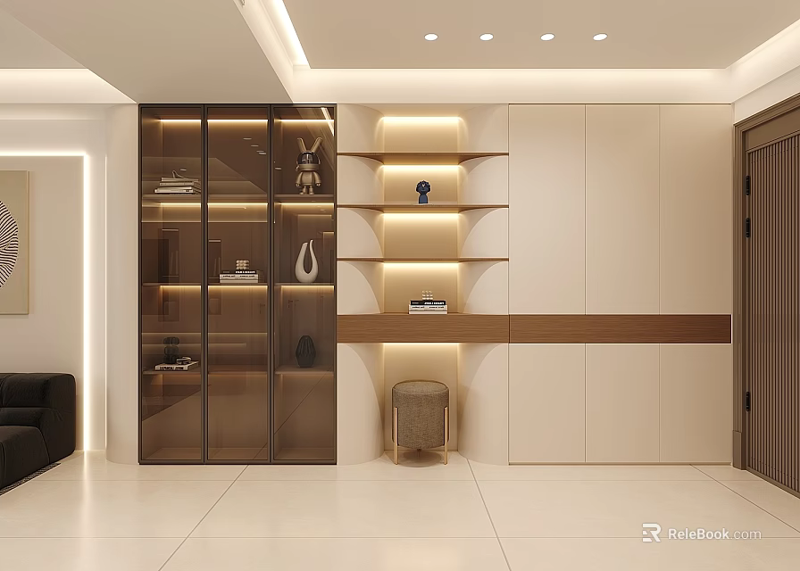 Modern Decorative Cabinet With Glass Doors Wood White Lighting Strips Books And Decorative Items 3d model 