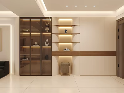 Modern Decorative Cabinet With Glass Doors Wood White Lighting Strips Books And Decorative Items 3d model