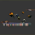 Colorful Bird Models On Square Platform With Complex Maze Pattern And Striped Base