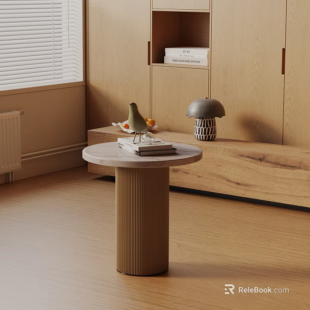 Round Side Table With Marble Top Fluted Wooden Base And Decorative Items 3d model