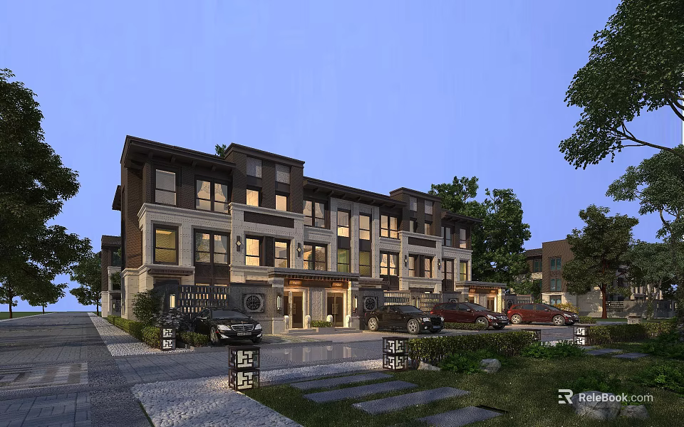 Modern Townhouse Exterior Design With Landscaping Driveway And Evening Lights 3d model 