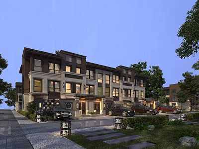 Modern Townhouse Exterior Design With Landscaping Driveway And Evening Lights 3d model