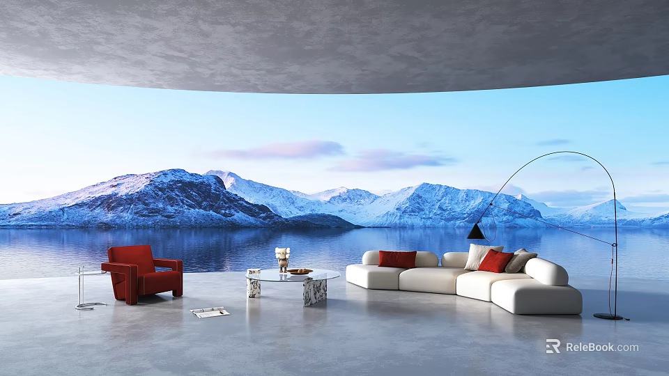 Modern Living Room With Red Sofa White L-shaped Sofa Marble Coffee Table Snowy Mountain View 3d model 